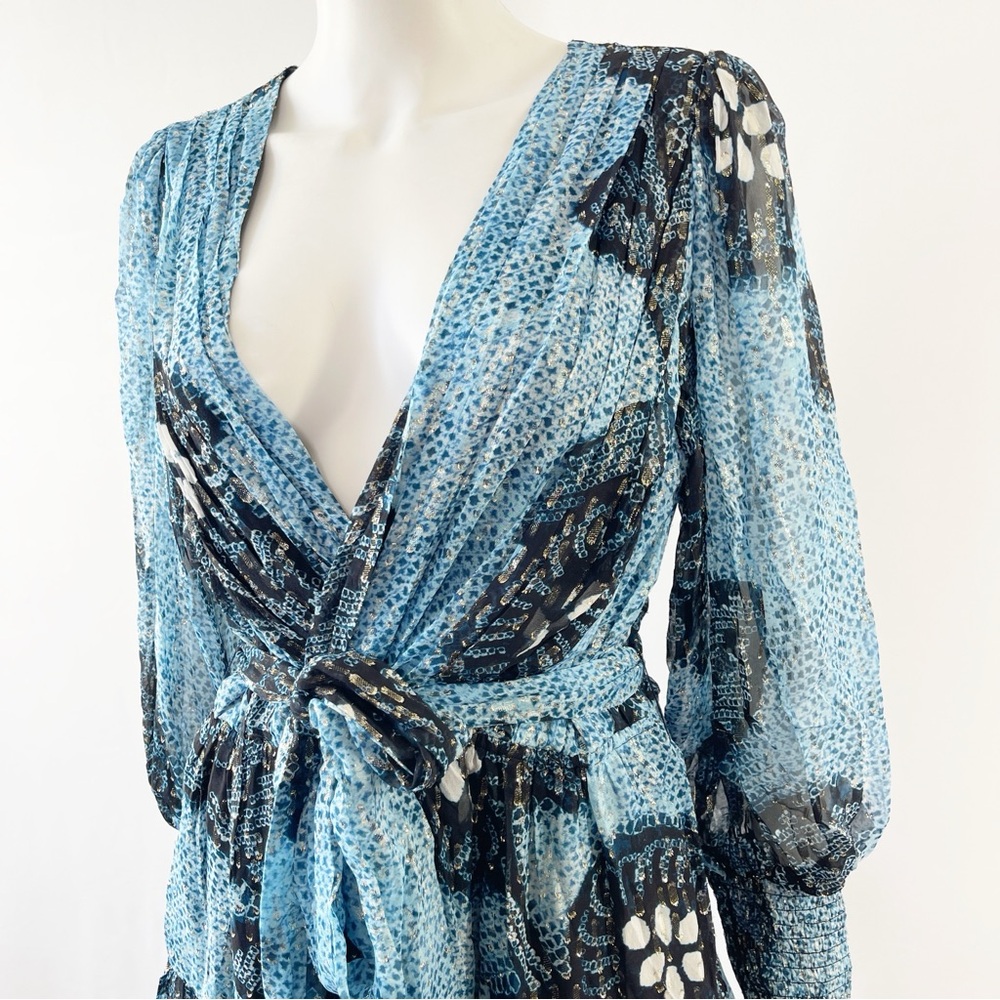 Ulla Johnson NOEMI Dress Size 12 Silk Metallic Mini Shibori Print in Sky Blue - Picture 13 of 16